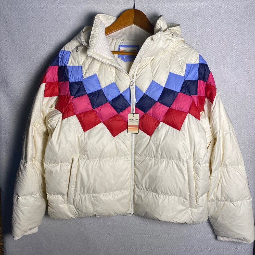 Marine Layer Archive Sierra Puffer Jacket Antique White Retro Chevron Hooded L